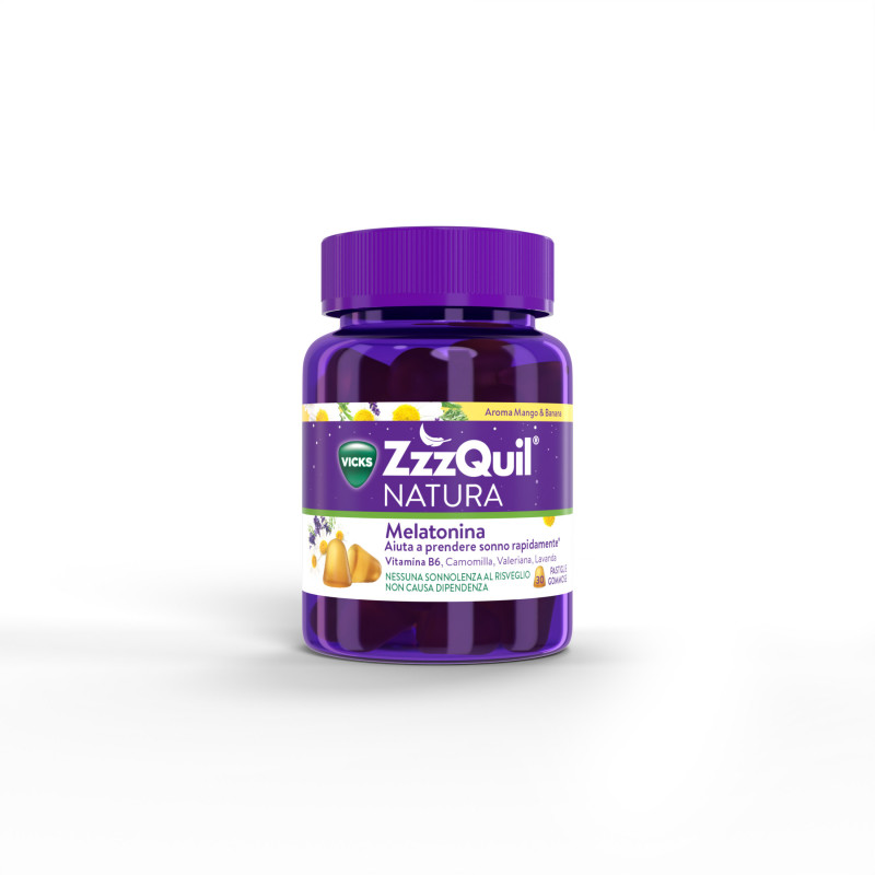Integratore per il sonno ZzzQuil NATURA gusto MANGO & BANANA: 30 pastiglie gommose a base di melatonina con camomilla, valeriana e lavanda -SCADENZA MAGGIO 2025