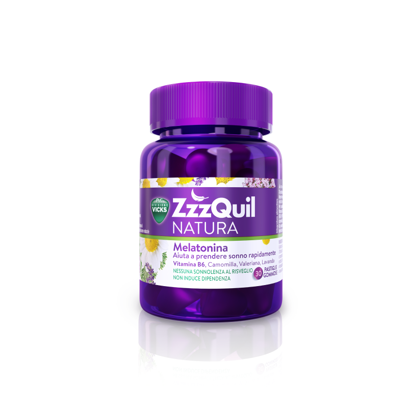 Integratore per il sonno ZzzQuil NATURA: 30 pastiglie gommose a base di melatonina con camomilla, valeriana e lavanda.