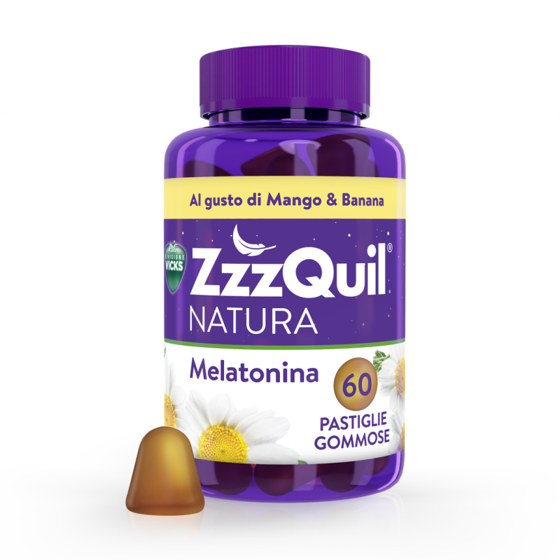 Integratore per il sonno ZzzQuil NATURA gusto MANGO & BANANA: 60 pastiglie gommose a base di melatonina con camomilla, valeriana e lavanda.