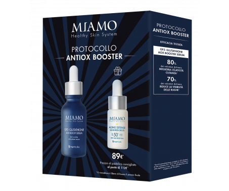 PROTOCOLLO ANTIOX BOOSTER - Cofanetto con GF5-GLUTATHIONE AOX BOOST SERUM 30 m + SIERO AGING DEFENSE SUNSCREEN DROPS SPF 50+ 10ml 